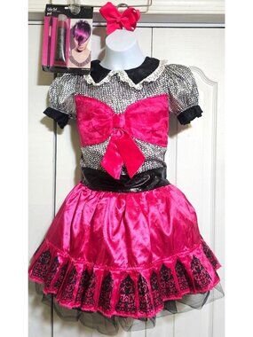 Monster High Draculaura Picture Day Girls Costume Dress Tutu Pink Bow Hair Gel
